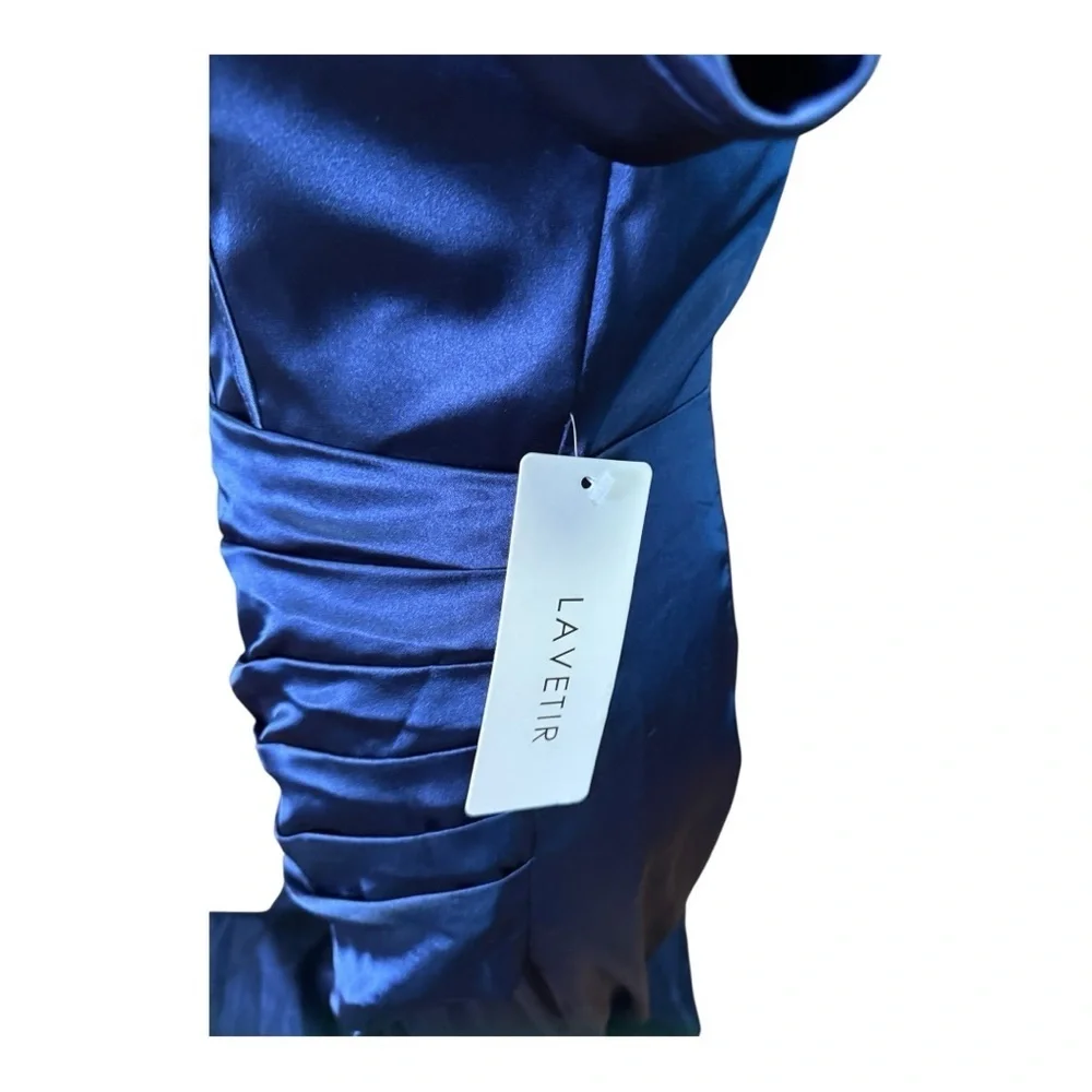Lavetir Navy Blue Satin Evening Gown NWT Off Shoulder Formal Dress Ball - Picture 5 of 8